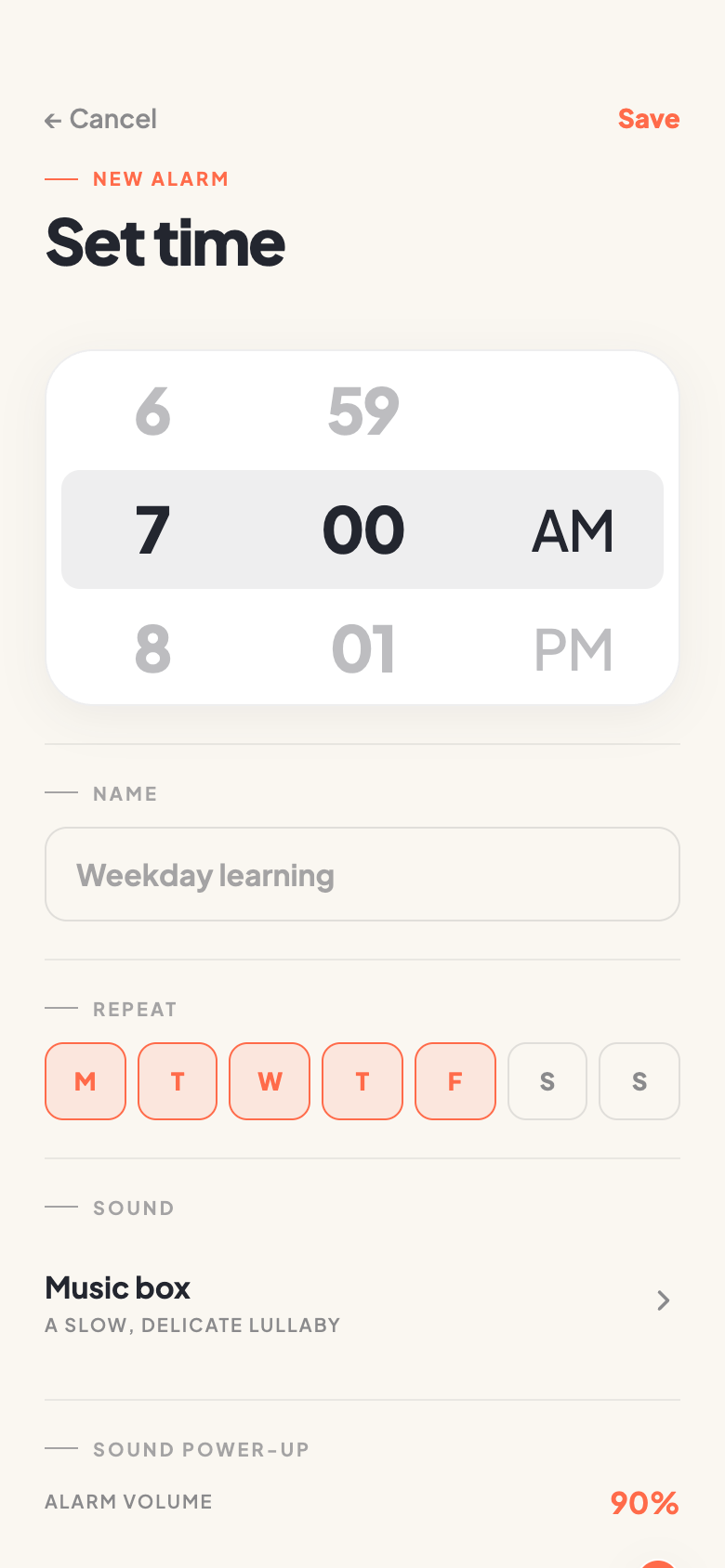 LingoAlarm alarm setup showing a 7:00 AM time, repeat days and alarm sound