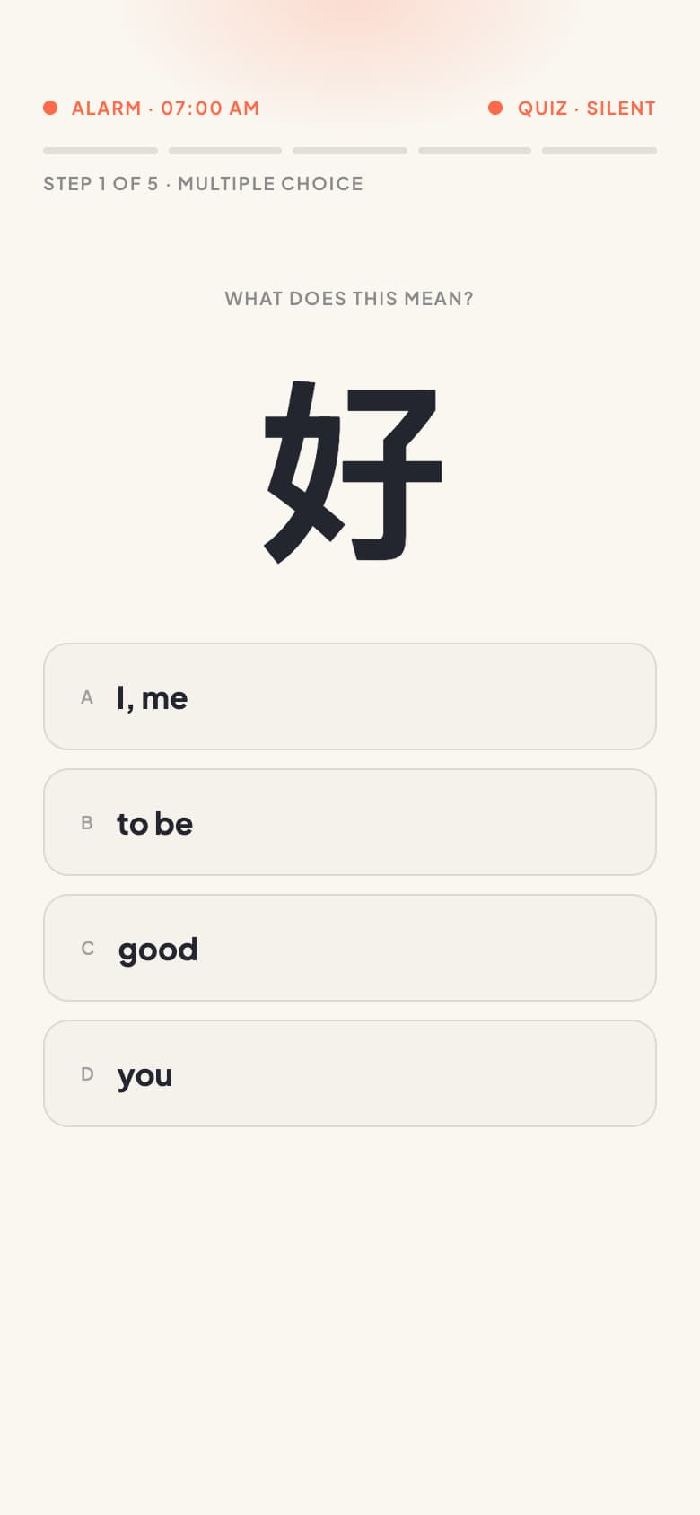 The LingoAlarm vocabulary quiz with a Chinese word and four possible answers